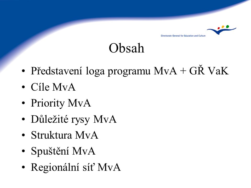Obsah Představení loga programu MvA + GŘ VaK Cíle MvA Priority MvA Důležité rysy MvA Struktura MvA Spuštění MvA Regionální síť MvA