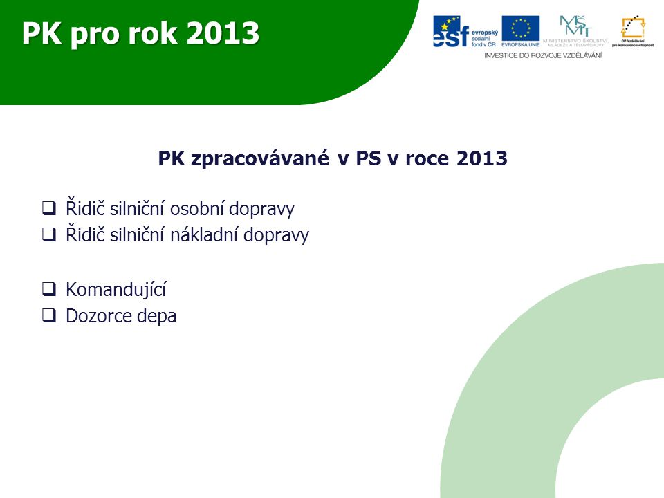 PK pro rok 2013 PK zpracovávané v PS v roce 2013  Řidič silniční osobní dopravy  Řidič silniční nákladní dopravy  Komandující  Dozorce depa