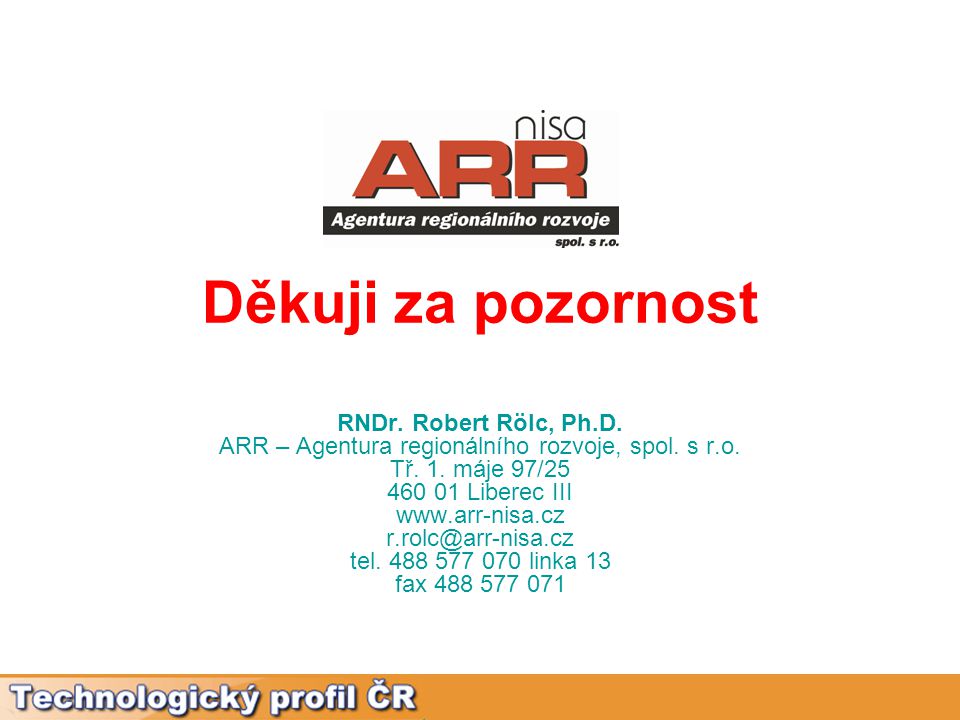 Děkuji za pozornost RNDr. Robert Rölc, Ph.D. ARR – Agentura regionálního rozvoje, spol.