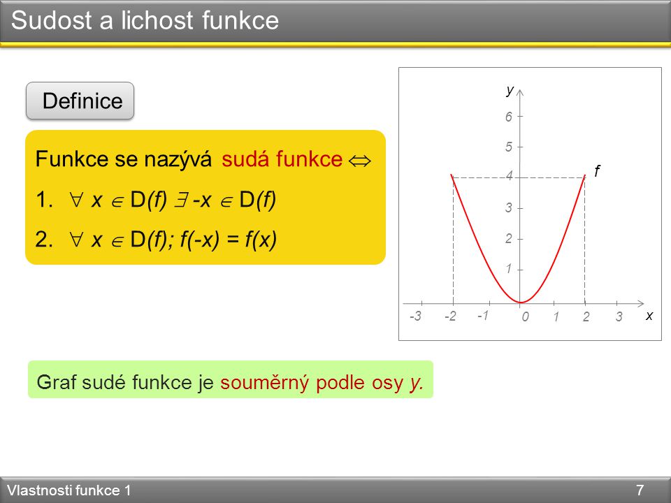 Sudost a lichost funkce Vlastnosti funkce 1 7 Funkce se nazývá sudá funkce  1.