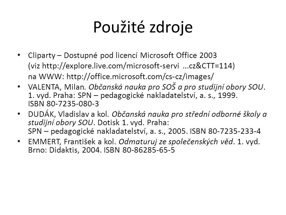Použité zdroje Cliparty – Dostupné pod licencí Microsoft Office 2003 (viz   na WWW:   VALENTA, Milan.