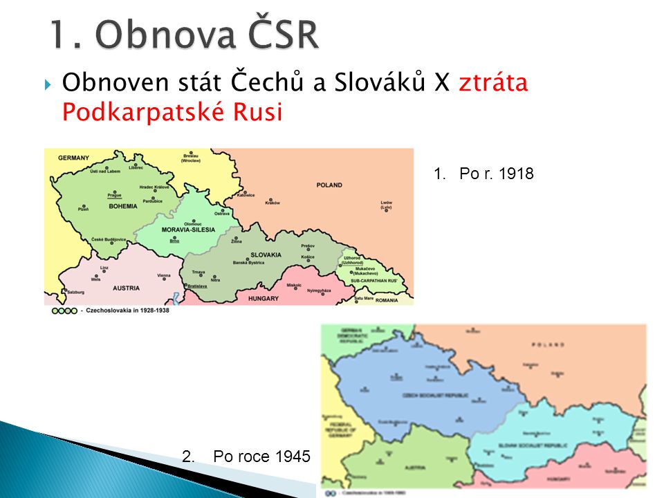  Obnoven stát Čechů a Slováků X ztráta Podkarpatské Rusi Po r Po roce 1945