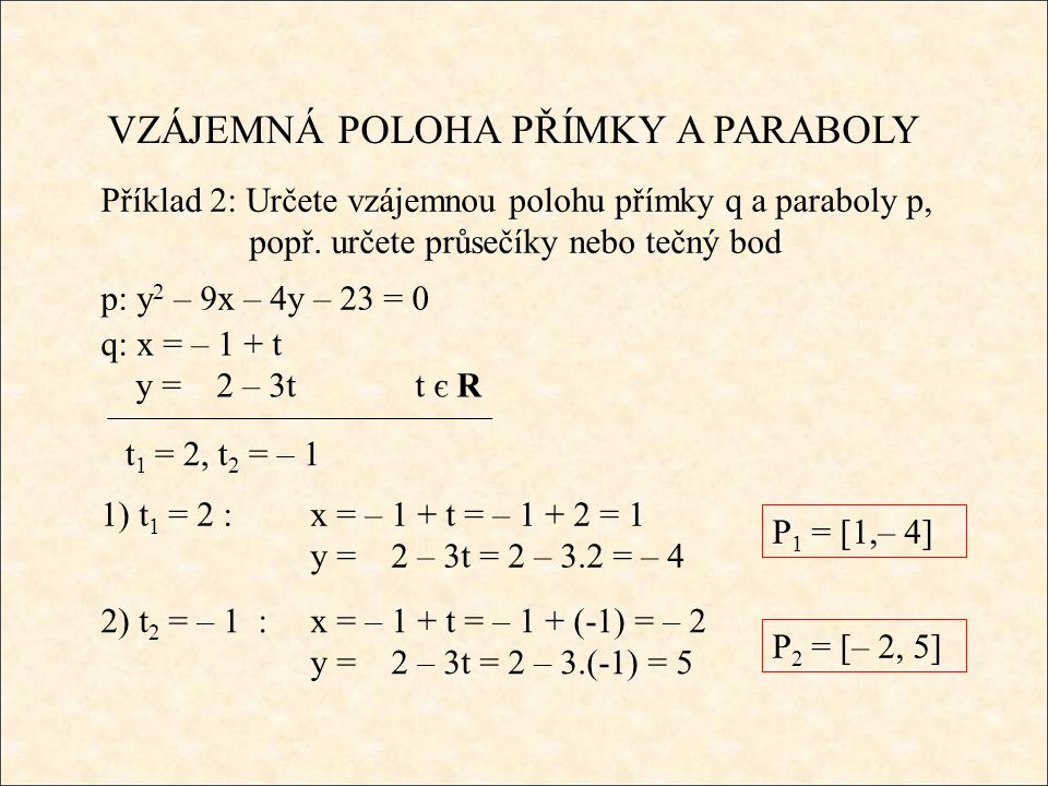 VZÁJEMNÁ POLOHA PŘÍMKY A PARABOLY Příklad 2: Určete vzájemnou polohu přímky q a paraboly p, popř.