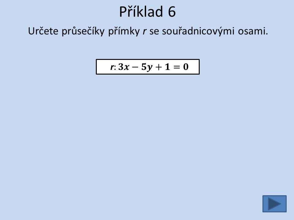 Příklad 6 Určete průsečíky přímky r se souřadnicovými osami.