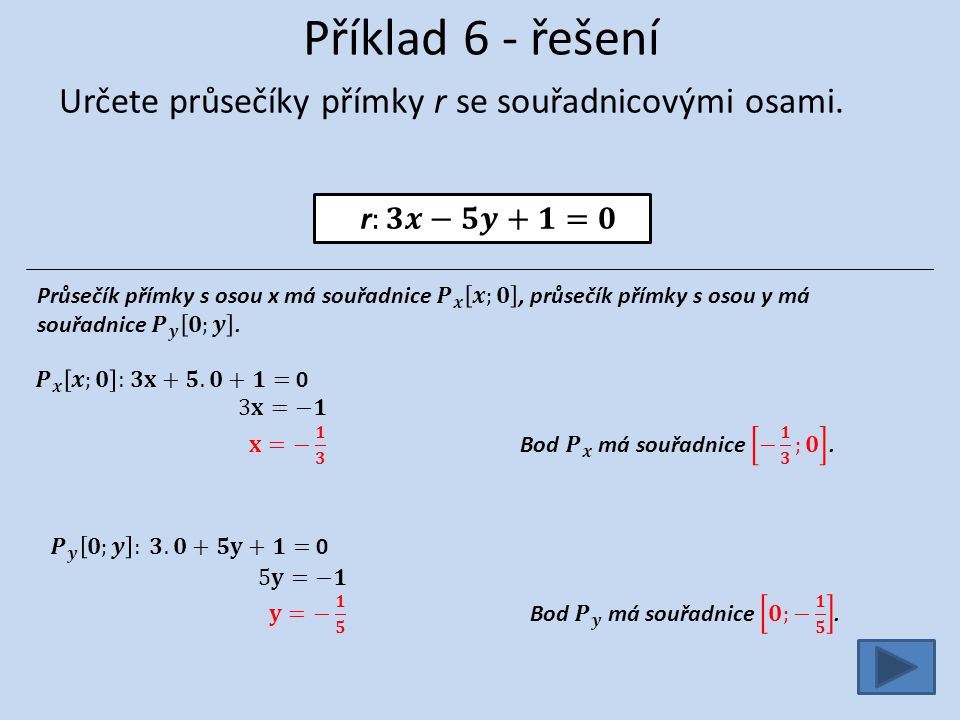 Příklad 6 - řešení Určete průsečíky přímky r se souřadnicovými osami.