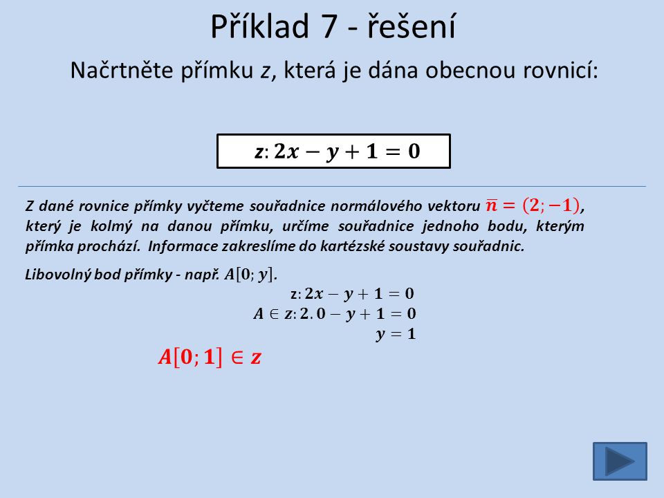 Příklad 7 - řešení Načrtněte přímku z, která je dána obecnou rovnicí: