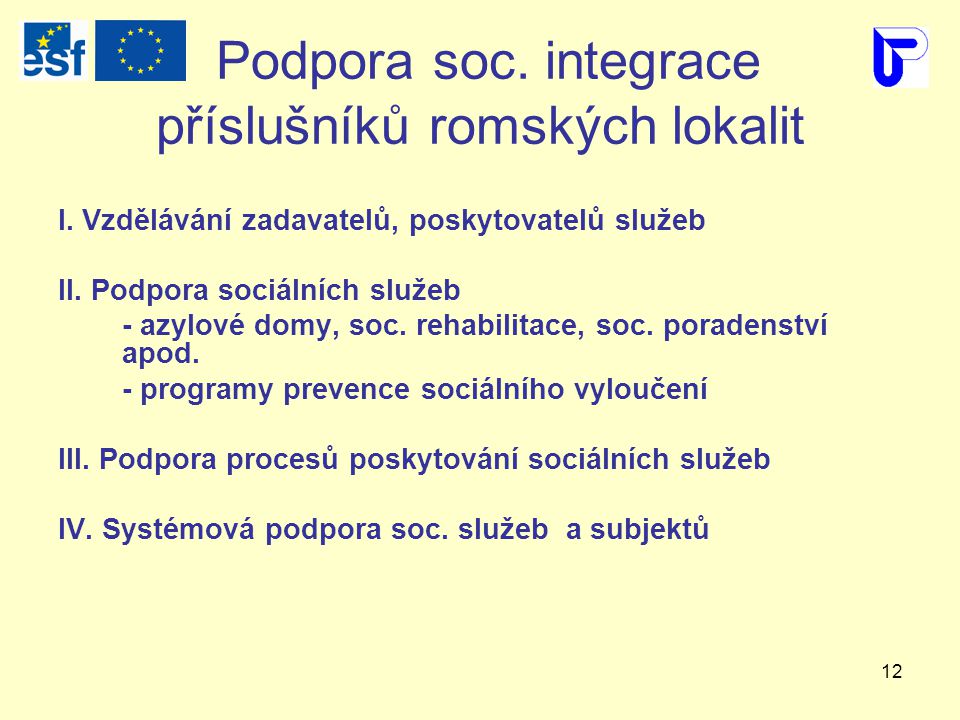 12 Podpora soc. integrace příslušníků romských lokalit I.