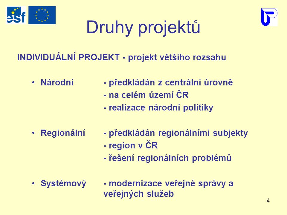 4 Druhy projektů INDIVIDUÁLNÍ PROJEKT - projekt většího rozsahu Národní- předkládán z centrální úrovně - na celém území ČR - realizace národní politiky Regionální- předkládán regionálními subjekty - region v ČR - řešení regionálních problémů Systémový- modernizace veřejné správy a veřejných služeb