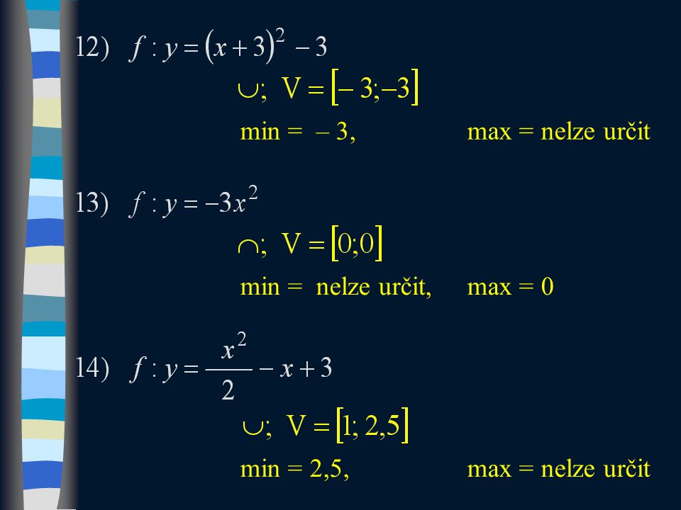 min = – 3,max = nelze určit min = nelze určit,max = 0 min = 2,5, max = nelze určit
