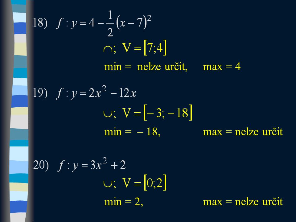 min = nelze určit,max = 4 min = – 18,max = nelze určit min = 2, max = nelze určit