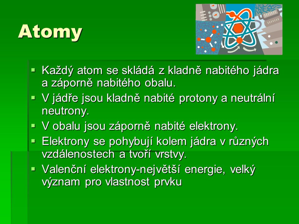 Atomy  Každý atom se skládá z kladně nabitého jádra a záporně nabitého obalu.