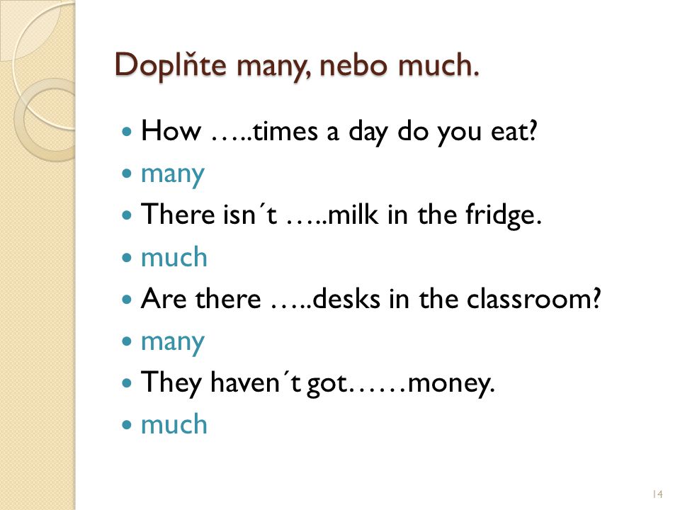Doplňte many, nebo much. How …..times a day do you eat.