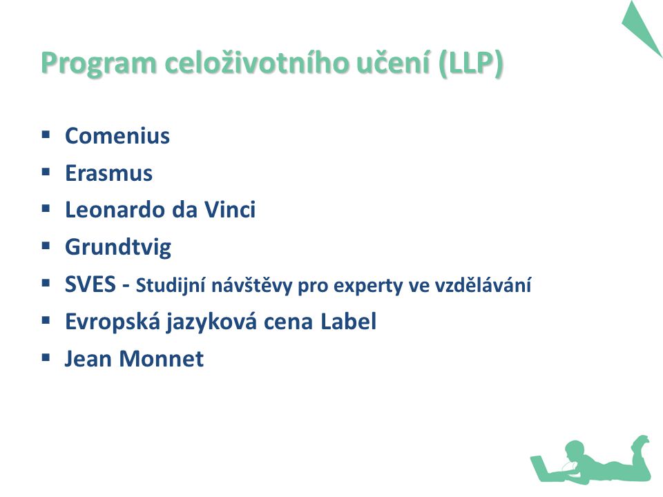 Program celoživotního učení (LLP)  Comenius  Erasmus  Leonardo da Vinci  Grundtvig  SVES - Studijní návštěvy pro experty ve vzdělávání  Evropská jazyková cena Label  Jean Monnet