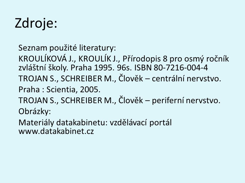 Zdroje: Seznam použité literatury: KROULÍKOVÁ J., KROULÍK J., Přírodopis 8 pro osmý ročník zvláštní školy.
