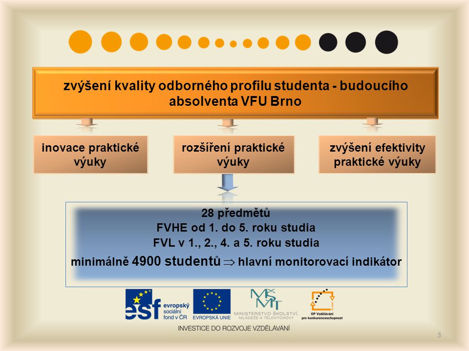 3 zvýšení kvality odborného profilu studenta - budoucího absolventa VFU Brno inovace praktické výuky rozšíření praktické výuky zvýšení efektivity praktické výuky 28 předmětů FVHE od 1.