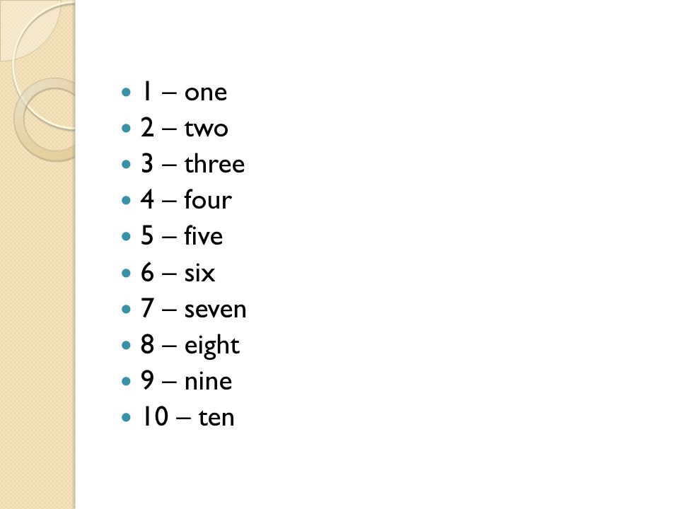 1 – one 2 – two 3 – three 4 – four 5 – five 6 – six 7 – seven 8 – eight 9 – nine 10 – ten