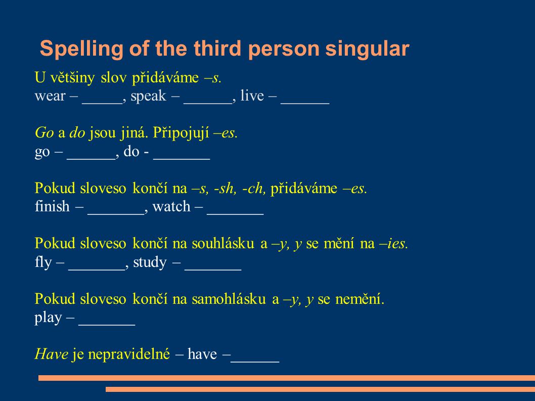 Spelling of the third person singular U většiny slov přidáváme –s.