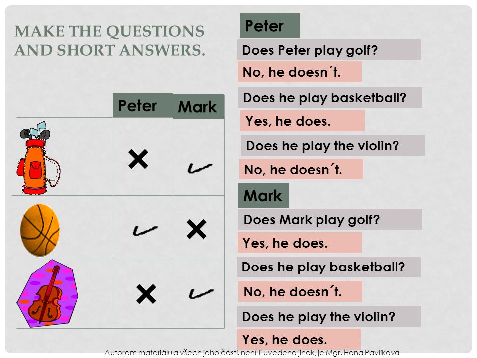 MAKE THE QUESTIONS AND SHORT ANSWERS. Peter Mark × × × Peter Does Peter play golf.
