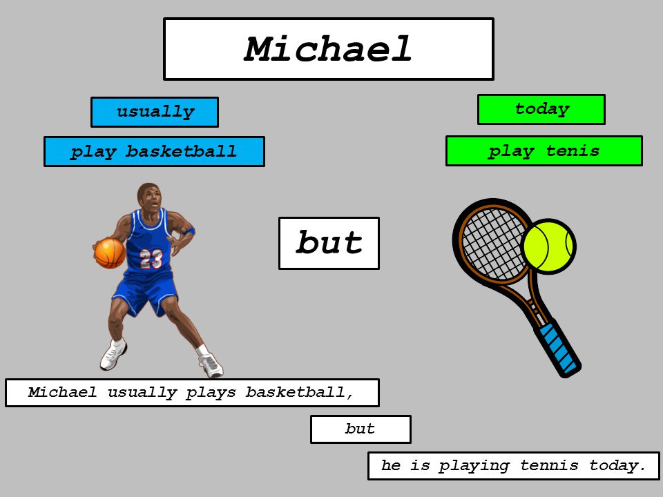 but Michael usually today play basketball play tenis Michael usually plays basketball, but he is playing tennis today.