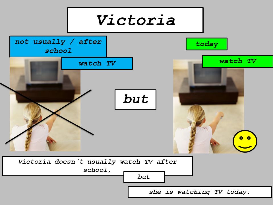 but Victoria not usually / after school today Victoria doesn´t usually watch TV after school, but she is watching TV today.