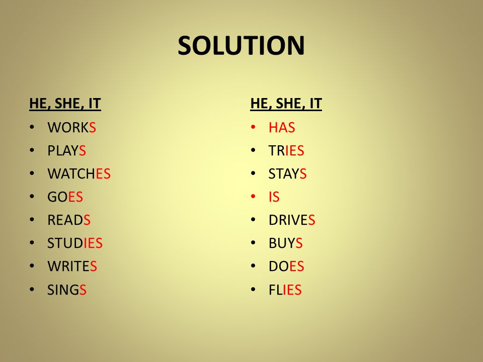 SOLUTION HE, SHE, IT WORKS PLAYS WATCHES GOES READS STUDIES WRITES SINGS HE, SHE, IT HAS TRIES STAYS IS DRIVES BUYS DOES FLIES