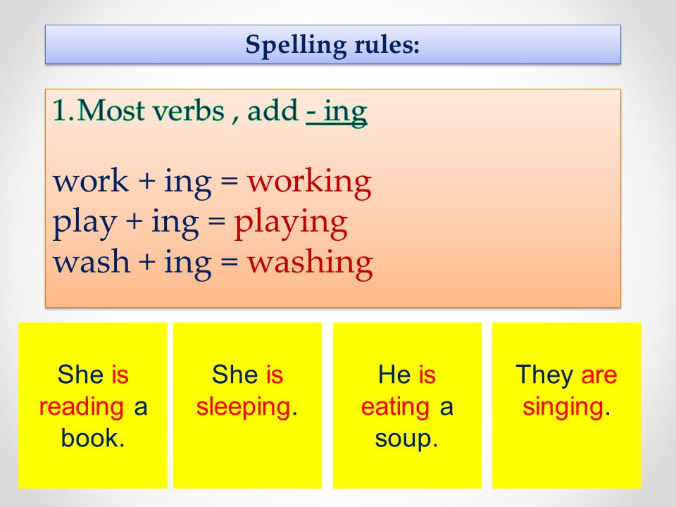Spelling rules: He is eating a soup. She is sleeping. She is reading a book. They are singing.