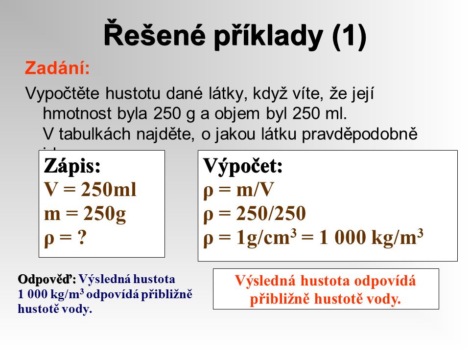 Řešené příklady (1) Zadání: Vypočtěte hustotu dané látky, když víte, že její hmotnost byla 250 g a objem byl 250 ml.