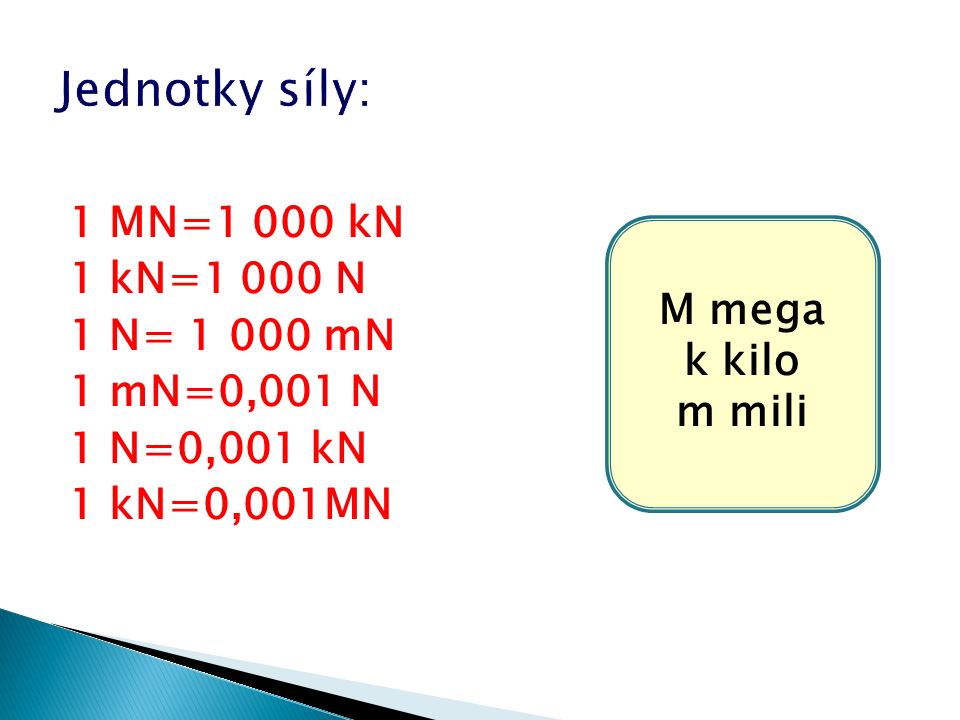 1 MN=1 000 kN 1 kN=1 000 N 1 N= mN 1 mN=0,001 N 1 N=0,001 kN 1 kN=0,001MN M mega k kilo m mili