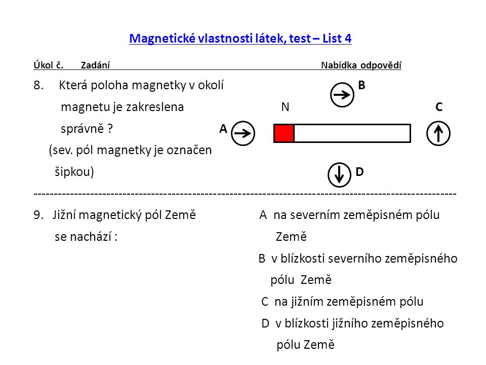 Magnetické vlastnosti látek, test – List 4 Úkol č.