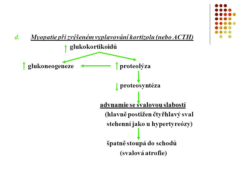d.Myopatie při zvýšeném vyplavování kortizolu (nebo ACTH) glukokortikoidů glukoneogeneze proteolýza proteosyntéza adynamie se svalovou slabostí (hlavně postižen čtyřhlavý sval stehenní jako u hypertyreózy) špatně stoupá do schodů (svalová atrofie)