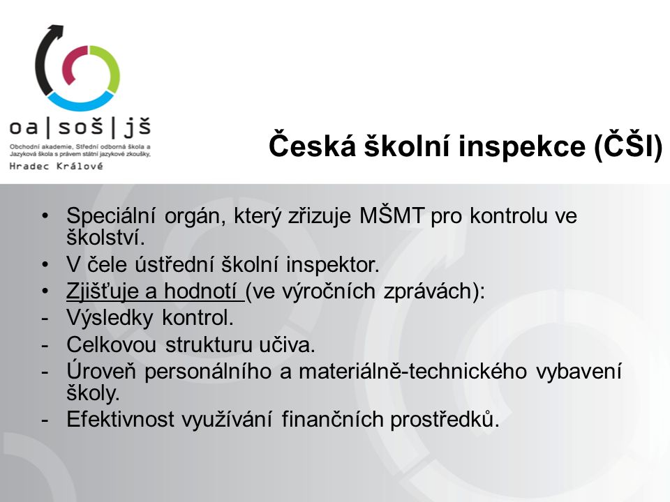 Česká školní inspekce (ČŠI) Speciální orgán, který zřizuje MŠMT pro kontrolu ve školství.