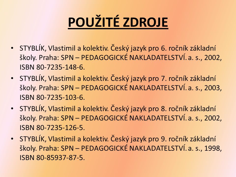 POUŽITÉ ZDROJE STYBLÍK, Vlastimil a kolektiv. Český jazyk pro 6.