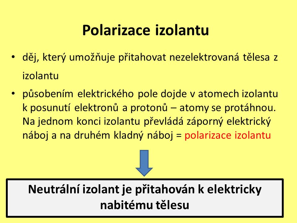 Polarizace izolantu děj, který umožňuje přitahovat nezelektrovaná tělesa z izolantu působením elektrického pole dojde v atomech izolantu k posunutí elektronů a protonů – atomy se protáhnou.