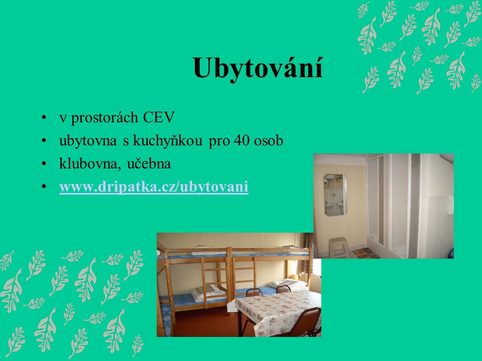 Ubytování •v prostorách CEV •ubytovna s kuchyňkou pro 40 osob •klubovna, učebna •