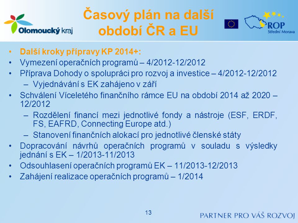 •Další kroky přípravy KP 2014+: •Vymezení operačních programů – 4/ /2012 •Příprava Dohody o spolupráci pro rozvoj a investice – 4/ /2012 –Vyjednávání s EK zahájeno v září •Schválení Víceletého finančního rámce EU na období 2014 až 2020 – 12/2012 –Rozdělení financí mezi jednotlivé fondy a nástroje (ESF, ERDF, FS, EAFRD, Connecting Europe atd.) –Stanovení finančních alokací pro jednotlivé členské státy •Dopracování návrhů operačních programů v souladu s výsledky jednání s EK – 1/ /2013 •Odsouhlasení operačních programů EK – 11/ /2013 •Zahájení realizace operačních programů – 1/2014 Časový plán na další období ČR a EU 13