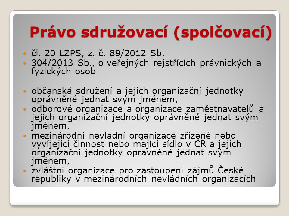 Právo sdružovací (spolčovací)  čl. 20 LZPS, z. č.