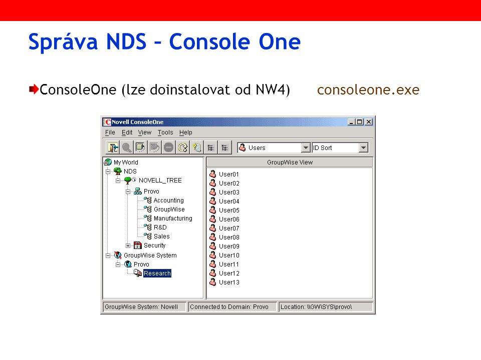 Správa NDS – Console One ConsoleOne (lze doinstalovat od NW4)consoleone.exe
