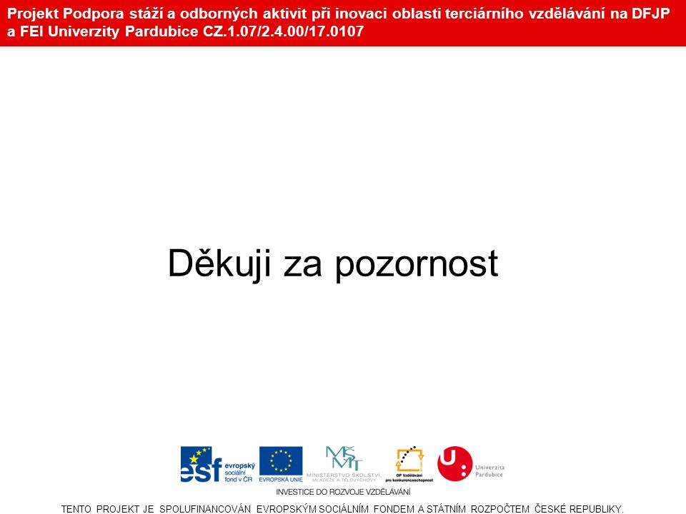 Projekt Podpora stáží a odborných aktivit při inovaci oblasti terciárního vzdělávání na DFJP a FEI Univerzity Pardubice CZ.1.07/2.4.00/ Děkuji za pozornost TENTO PROJEKT JE SPOLUFINANCOVÁN EVROPSKÝM SOCIÁLNÍM FONDEM A STÁTNÍM ROZPOČTEM ČESKÉ REPUBLIKY.