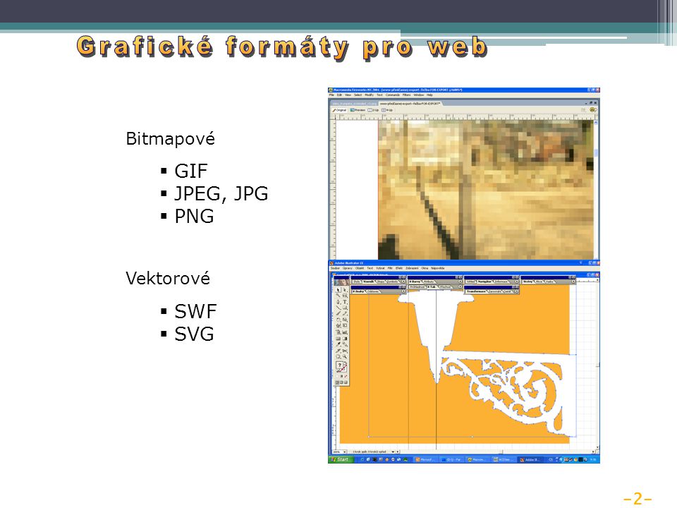 -2- Bitmapové  GIF  JPEG, JPG  PNG Vektorové  SWF  SVG