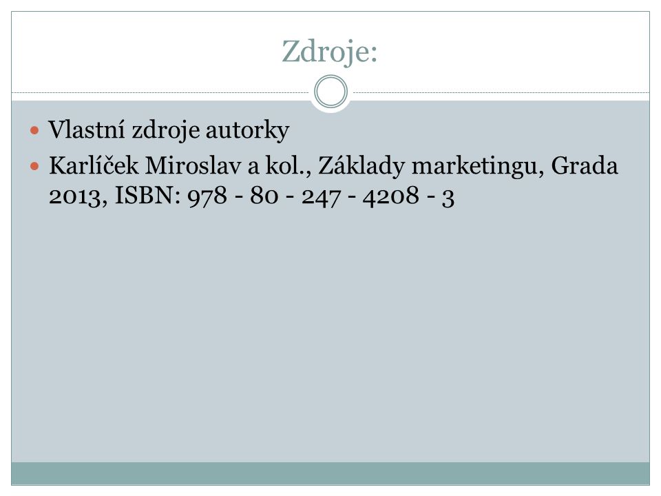 Zdroje: Vlastní zdroje autorky Karlíček Miroslav a kol., Základy marketingu, Grada 2013, ISBN: