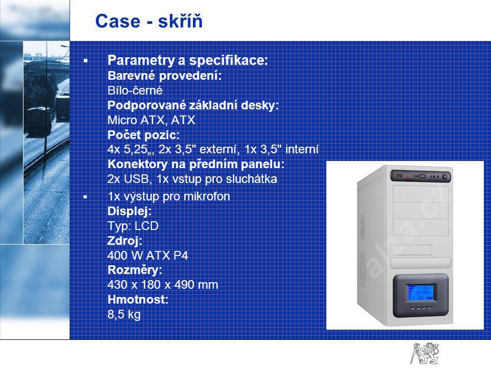 Case - skříň  Parametry a specifikace: Barevné provedení: Bílo-černé Podporované základní desky: Micro ATX, ATX Počet pozic: 4x 5,25„, 2x 3,5 externí, 1x 3,5 interní Konektory na předním panelu: 2x USB, 1x vstup pro sluchátka  1x výstup pro mikrofon Displej: Typ: LCD Zdroj: 400 W ATX P4 Rozměry: 430 x 180 x 490 mm Hmotnost: 8,5 kg
