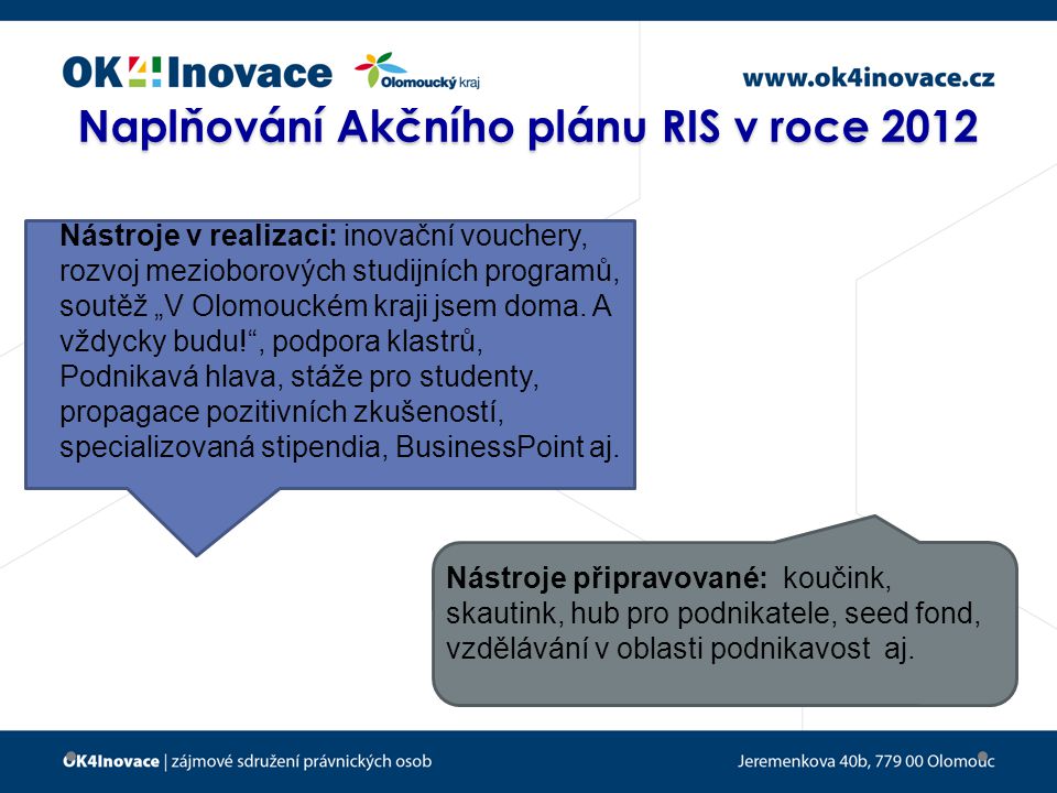 Naplňování Akčního plánu RIS v roce 2012 Nástroje v realizaci: inovační vouchery, rozvoj mezioborových studijních programů, soutěž „V Olomouckém kraji jsem doma.