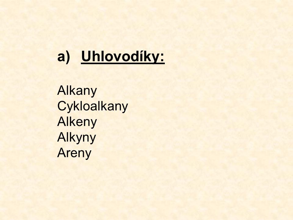 a)Uhlovodíky: Alkany Cykloalkany Alkeny Alkyny Areny