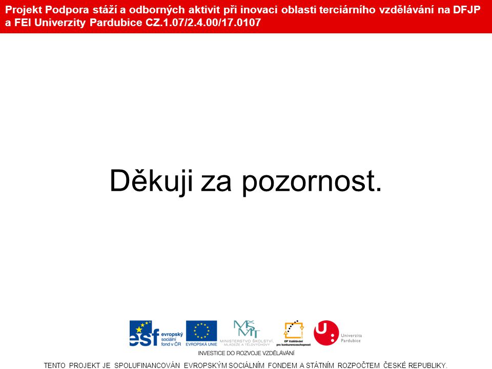 Projekt Podpora stáží a odborných aktivit při inovaci oblasti terciárního vzdělávání na DFJP a FEI Univerzity Pardubice CZ.1.07/2.4.00/ Děkuji za pozornost.