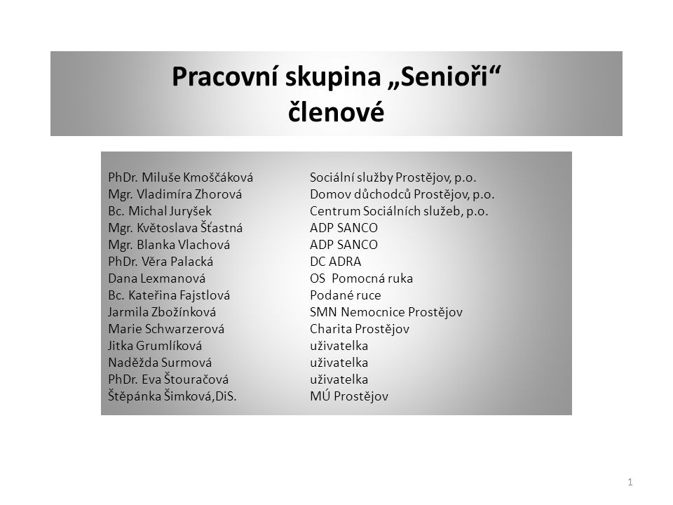 Pracovní skupina „Senioři členové PhDr. Miluše KmoščákováSociální služby Prostějov, p.o.