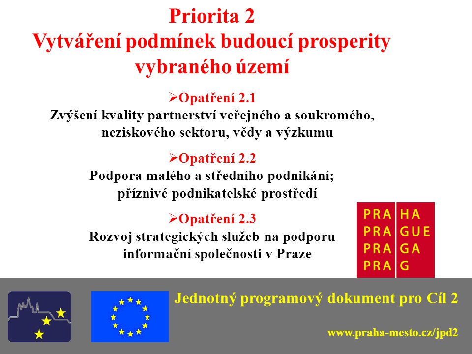 Priorita 2 Vytváření podmínek budoucí prosperity vybraného území  Opatření 2.1 Zvýšení kvality partnerství veřejného a soukromého, neziskového sektoru, vědy a výzkumu  Opatření 2.2 Podpora malého a středního podnikání; příznivé podnikatelské prostředí  Opatření 2.3 Rozvoj strategických služeb na podporu informační společnosti v Praze Jednotný programový dokument pro Cíl 2