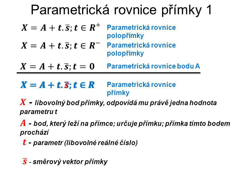 Parametrická rovnice přímky 1 Parametrická rovnice přímky Parametrická rovnice polopřímky Parametrická rovnice bodu A