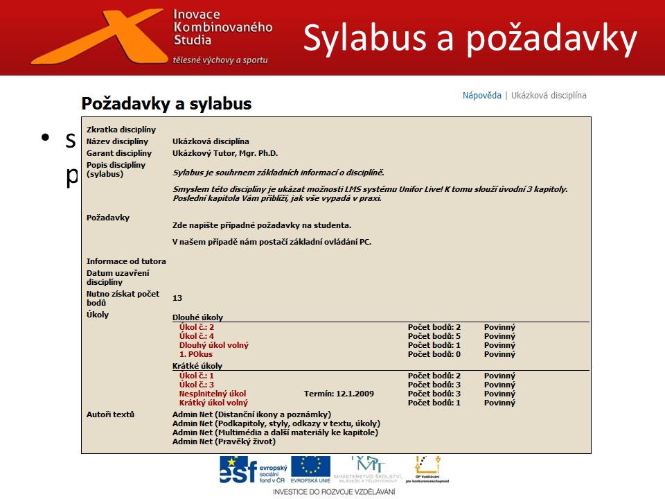 Sylabus a požadavky společně se Slovníčkem pojmů jediné styly přímo za Nadpisem 1