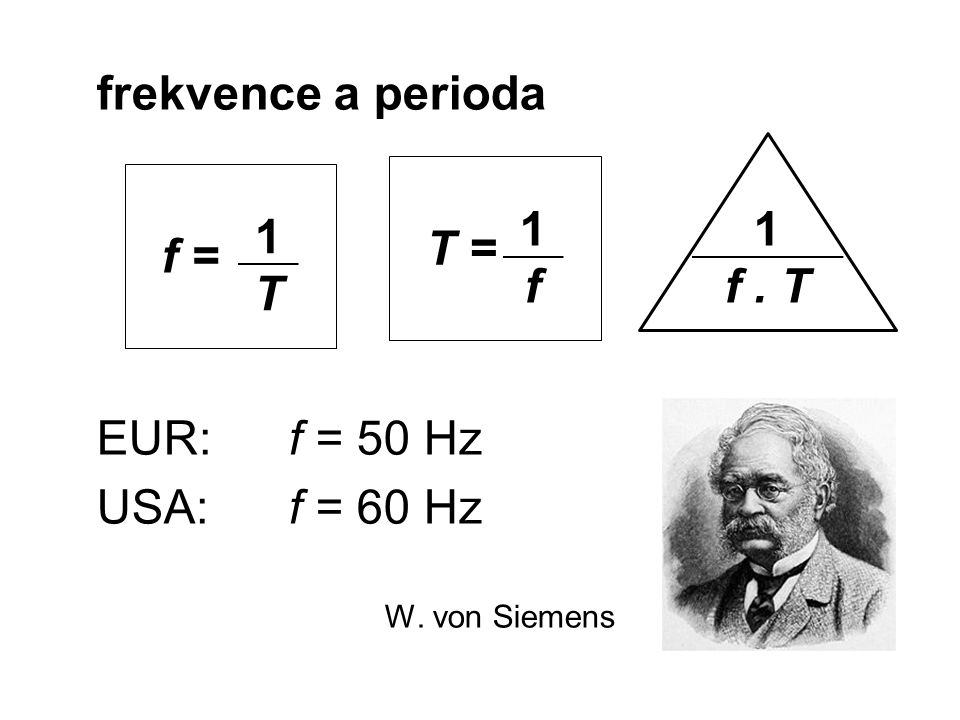 frekvence a perioda EUR:f = 50 Hz USA:f = 60 Hz W. von Siemens f = 1T1T T = 1f1f 1 f. T