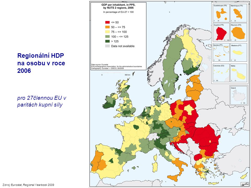 Regionální HDP na osobu v roce 2006 pro 27člennou EU v paritách kupní síly Zdroj: Eurostat, Regional Yearbook 2009